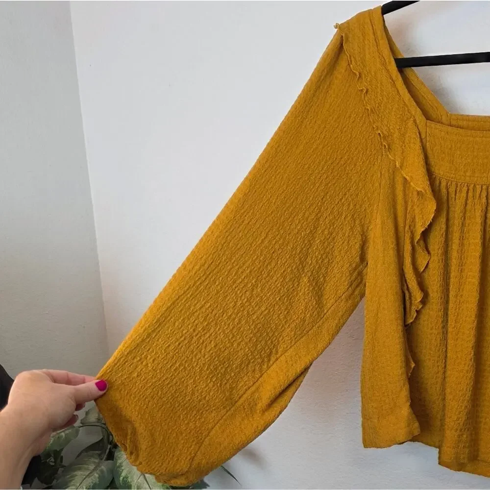 FREE PEOPLE Bonnie Ruffle Long Sleeve Peasant Top In Marigold Relaxed Fall Sz XS